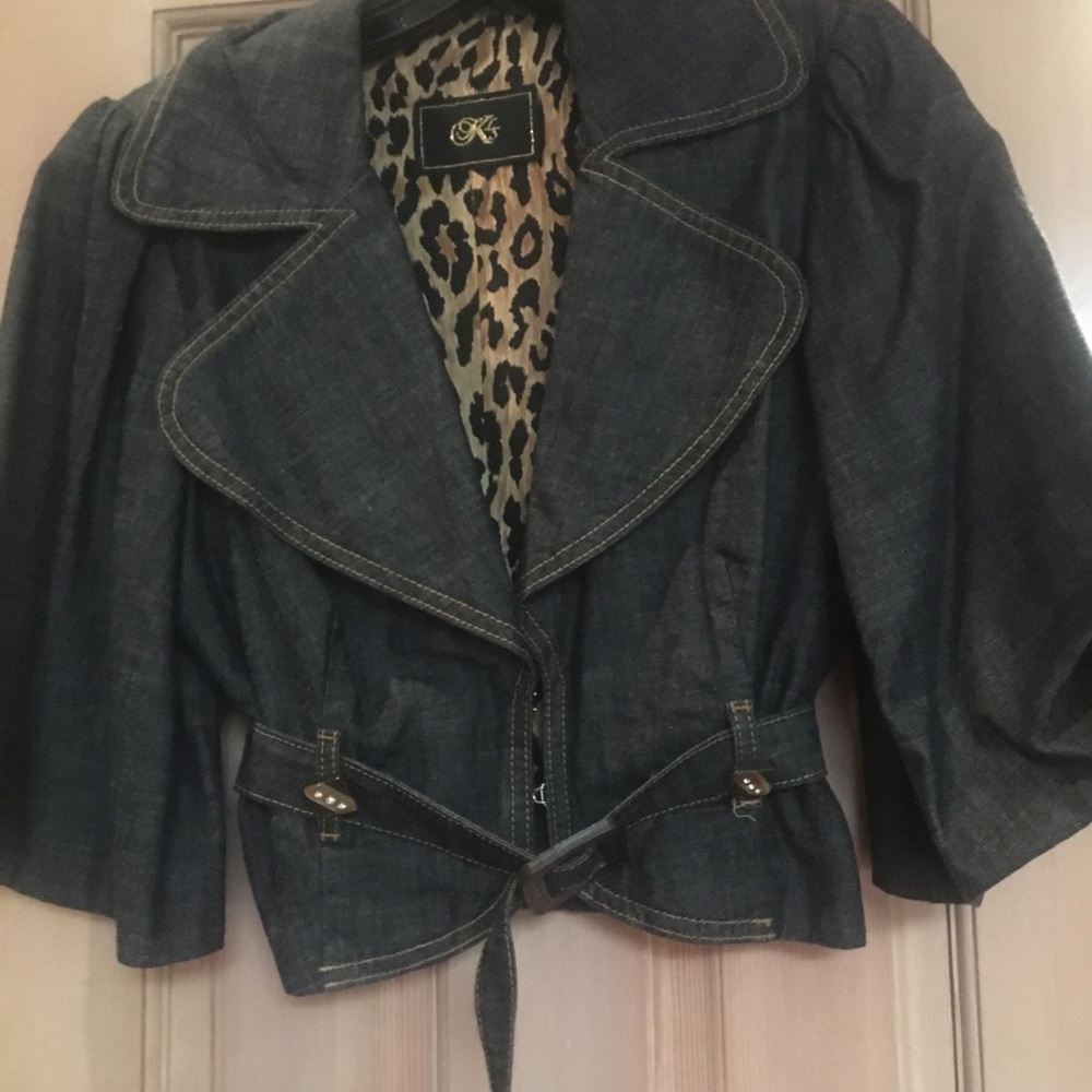 Ladies jean jacket animal print lining, rhinestone